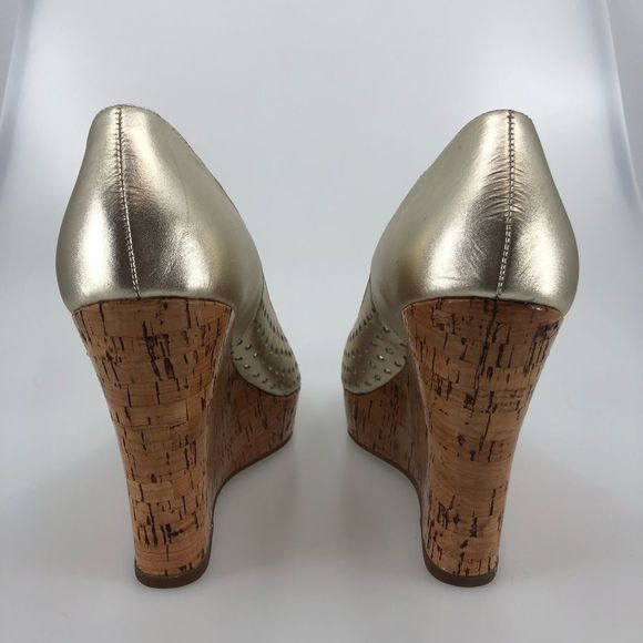 Steve Madden Gold Perforated Cork Wedge Sandals - Picture 6 of 11